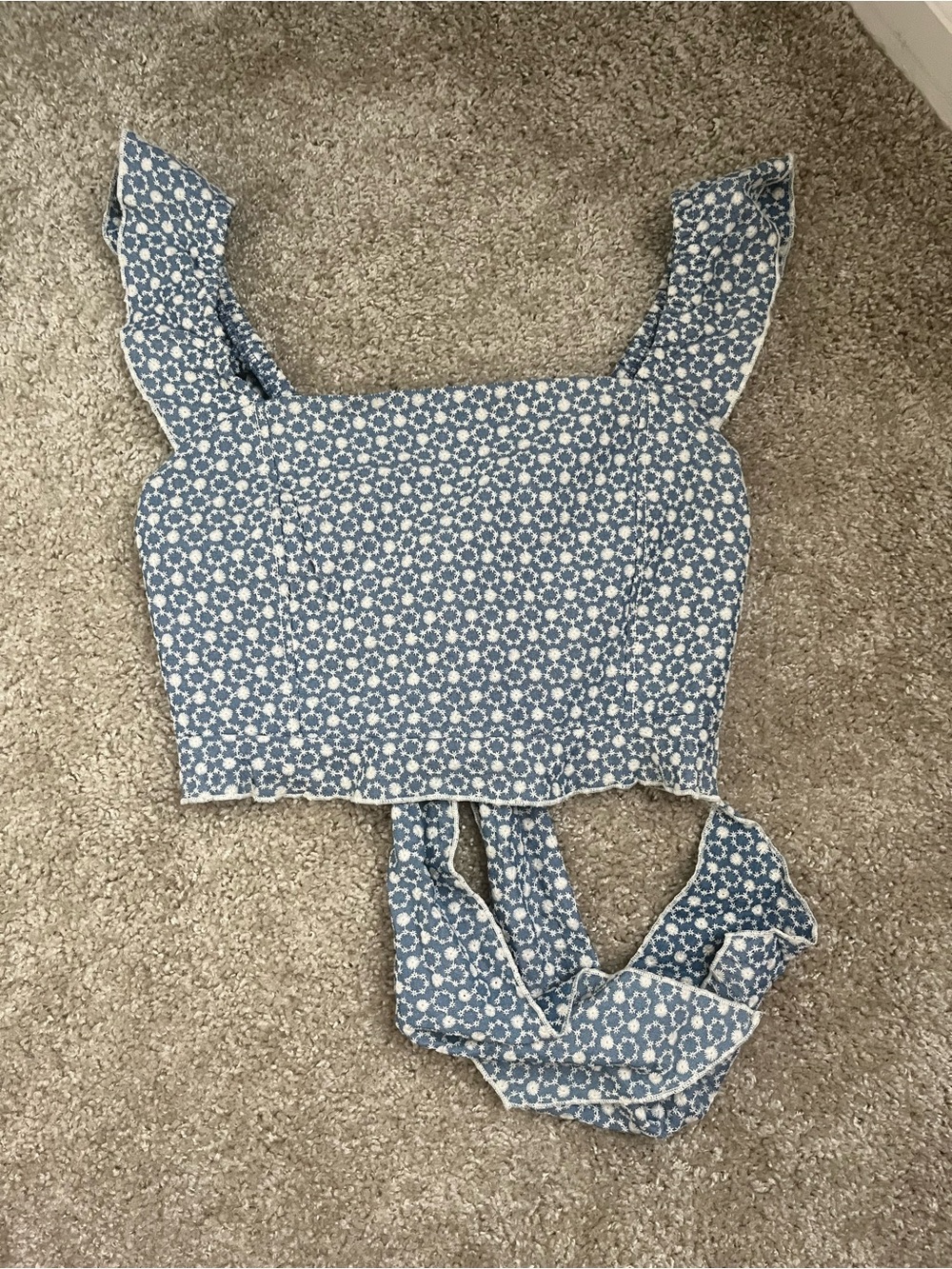 Blue Daisy-Print Square Neck Crop Top with Tie Back